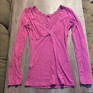 Express Fuchsia Lace-Trimmed V-Neck Top